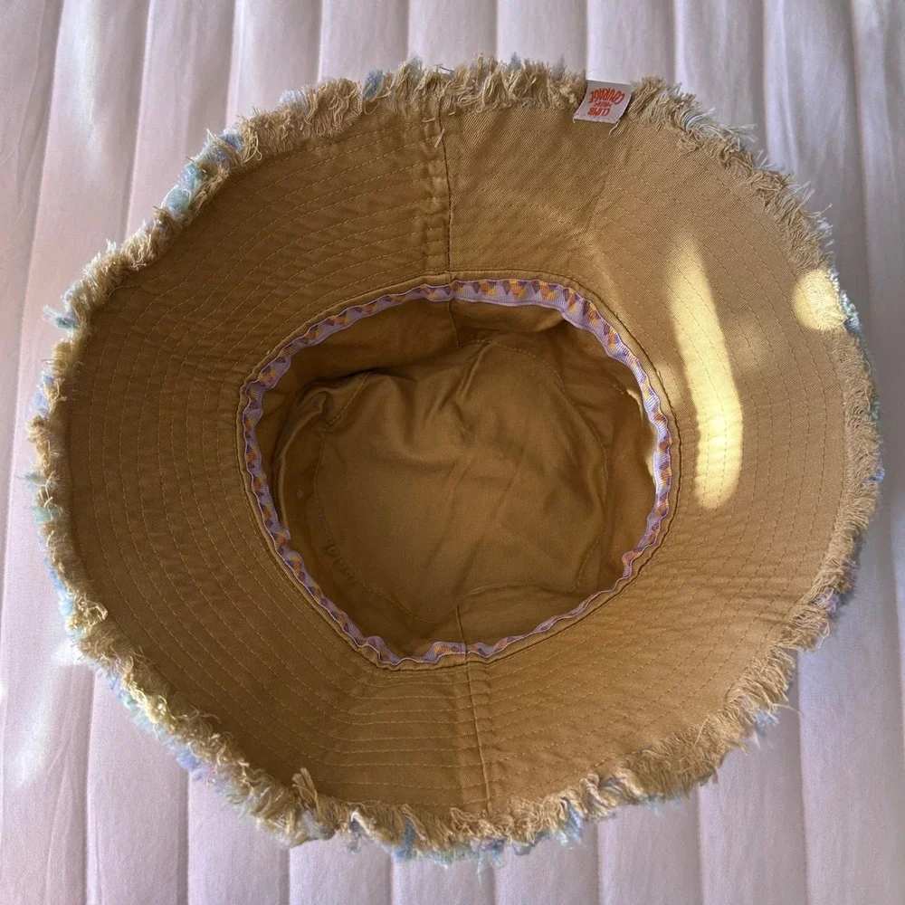 Little Brownie Bakers Reversible Tropical Leaf Bucket‎ Hat Blue Tan Frayed Edge